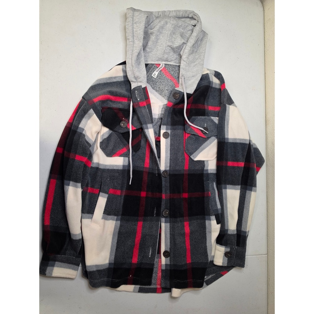 Zenana Women Red Black Plaid Hooded Shacket Button Flannel Jacket M